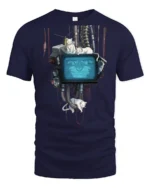 Ambient Cyberpunk Cats Retro TV Monitor Graphic Tshirt - navy t-shirt on white background
