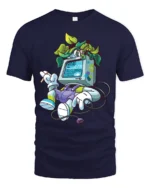 Retro Tech Nature Monitor Head Plant Person Graphic Tshirt - navy t-shirt on white background