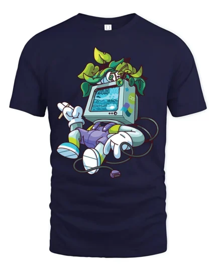 Retro Tech Nature Monitor Head Plant Person Graphic Tshirt - navy t-shirt on white background