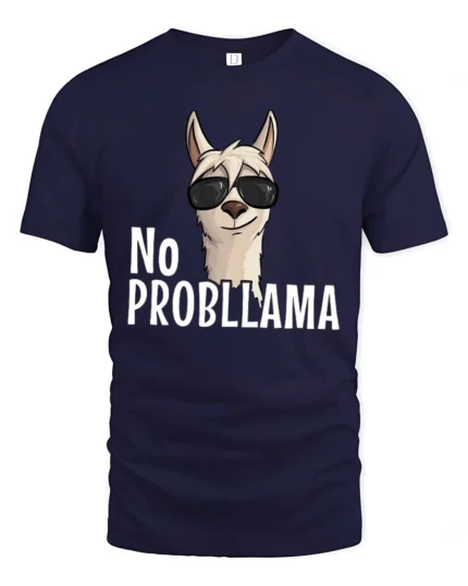 Amusing No Probllama Funny Llama Pun Sunglasses Graphic Tee - navy t-shirt on white background