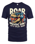 Roaring Music T Rex Dinosaur Retro Headphones Graphic Tshirt - navy t-shirt on white background