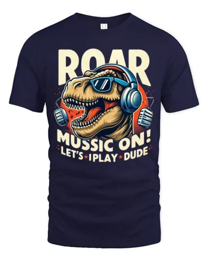 Roaring Music T Rex Dinosaur Retro Headphones Graphic Tshirt - navy t-shirt on white background
