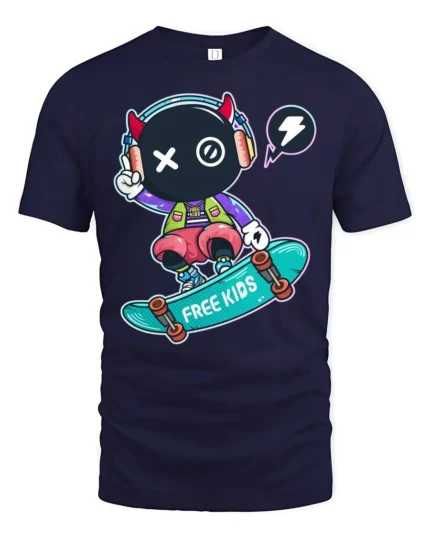 Devil Horn Skater Monster Headphones Graphic Street Tee - navy t-shirt on white background