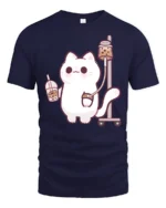 Kawaii Boba Addiction Cat Infusion Funny Graphic Tshirt - navy t-shirt on white background