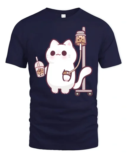 Kawaii Boba Addiction Cat Infusion Funny Graphic Tshirt - navy t-shirt on white background