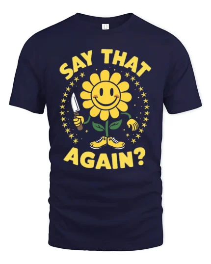Sarcastic Smiling Flower Knife Threat Funny Graphic Tee - navy t-shirt on white background