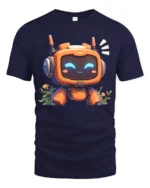 Friendly Orange Robot Monitor Face Botanical Graphic Tshirt - navy t-shirt on white background