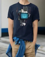 Ambient Cyberpunk Cats Retro TV Monitor Graphic Tshirt - model wearing navy tee with hands in pockets