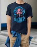 Funny Octopus Cyclist Certified Sucker Speed Graphic Tshirt - model wearing navy tee with hands in pockets