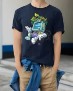 Retro Tech Nature Monitor Head Plant Person Graphic Tshirt - model wearing navy tee with hands in pockets