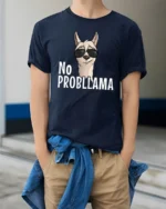 Amusing No Probllama Funny Llama Pun Sunglasses Graphic Tee - model wearing navy tee with hands in pockets