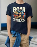 Roaring Music T Rex Dinosaur Retro Headphones Graphic Tshirt - model wearing navy tee with hands in pockets