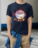 Edgy Toothy Grin Gaw Character Street Art Graphic Tshir - model wearing navy tee with hands in pockets