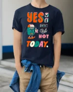 Sassy Procrastination Graffiti Monster Retro Graphic Tshirt - model wearing navy tee with hands in pockets