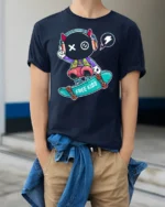 Devil Horn Skater Monster Headphones Graphic Street Tee - model wearing navy tee with hands in pockets