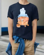 Chilling Capybara Hot Tub Citrus Zen Aesthetic Graphic Tee - model wearing navy tee with hands in pockets