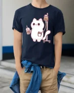 Kawaii Boba Addiction Cat Infusion Funny Graphic Tshirt - model wearing navy tee with hands in pockets