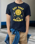 Sarcastic Smiling Flower Knife Threat Funny Graphic Tee - model wearing navy tee with hands in pockets