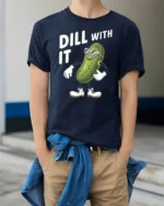 Rad Cucumber Dill With It Sarcastic Attitude Graphic Tee - model wearing navy tee with hands in pockets