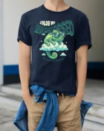 Cool Chameleon Color Me Impressed Retro Cloud Graphic Tshirt - model wearing navy tee with hands in pockets