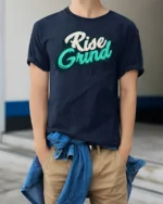 Urban Hustle Rise And Grind Graffiti Street Art Tshirt - model wearing navy tee with hands in pockets