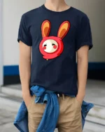 Playful Kawaii Rabbit Costume Character Red Graphic Tshirt - model wearing navy tee with hands in pockets