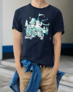 Splendid Mechanical Rabbit Castle Birthday Party Graphic Tee - model wearing navy tee with hands in pockets