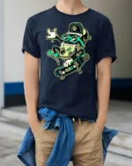 Retro Gaming Skater Rebel Console Cool Graphic Tshirt - model wearing navy tee with hands in pockets