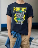 Angry Purist Bull Mascot Athletic Urban Graphic Tshirt - model wearing navy tee with hands in pockets