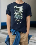 Retro Computer Tech Fish Surreal Graphic Tshirt - model wearing navy tee with hands in pockets