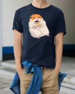 Shocked Hamster Holy Cross Meme Funny Graphic Tshirt - model wearing navy tee with hands in pockets