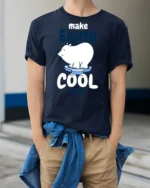 Caring Polar Bear Make Earth Cool Again Environmental Tshirt - model wearing navy tee with hands in pockets