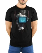 Ambient Cyberpunk Cats Retro TV Monitor Graphic Tshirt - model wearing black tee with hands behind back
