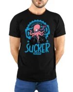 Funny Octopus Cyclist Certified Sucker Speed Graphic Tshirt - model wearing black tee with hands behind back