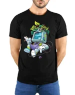 Retro Tech Nature Monitor Head Plant Person Graphic Tshirt - model wearing black tee with hands behind back