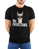 Amusing No Probllama Funny Llama Pun Sunglasses Graphic Tee - model wearing black tee with hands behind back