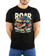 Roaring Music T Rex Dinosaur Retro Headphones Graphic Tshirt - model wearing black tee with hands behind back