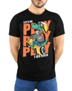 Dynamic Scooter T Rex Riding Helmet Biker Graphic Tshirt - model wearing black tee with hands behind back