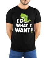 Sassy Baby T Rex I Do What I Want Diaper Graphic Tshirt - model wearing black tee with hands behind back