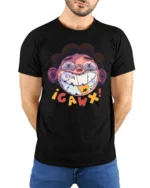 Edgy Toothy Grin Gaw Character Street Art Graphic Tshir - model wearing black tee with hands behind back