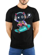 Devil Horn Skater Monster Headphones Graphic Street Tee - model wearing black tee with hands behind back