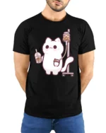 Kawaii Boba Addiction Cat Infusion Funny Graphic Tshirt - model wearing black tee with hands behind back