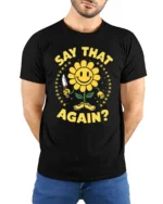 Sarcastic Smiling Flower Knife Threat Funny Graphic Tee - model wearing black tee with hands behind back