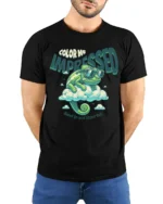 Cool Chameleon Color Me Impressed Retro Cloud Graphic Tshirt - model wearing black tee with hands behind back