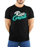 Urban Hustle Rise And Grind Graffiti Street Art Tshirt - model wearing black tee with hands behind back