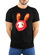 Playful Kawaii Rabbit Costume Character Red Graphic Tshirt - model wearing black tee with hands behind back