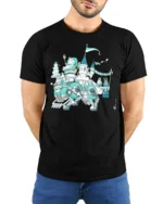 Splendid Mechanical Rabbit Castle Birthday Party Graphic Tee - model wearing black tee with hands behind back