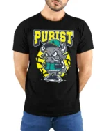 Angry Purist Bull Mascot Athletic Urban Graphic Tshirt - model wearing black tee with hands behind back