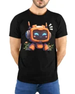 Friendly Orange Robot Monitor Face Botanical Graphic Tshirt - model wearing black tee with hands behind back