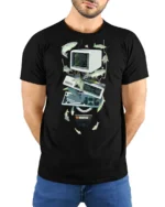 Retro Computer Tech Fish Surreal Graphic Tshirt - model wearing black tee with hands behind back